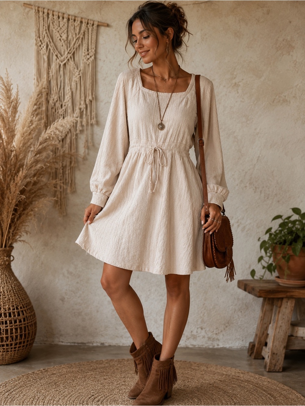 Bohme Cream Square Neck Tied Waist Mini Textured Sweater Dress